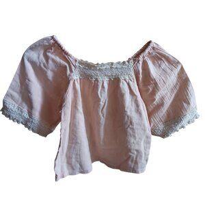 Girls 7 True Vintage Pink Peasant Blouse Lace Puff Sleeves Off-Shoulder Boho 70s